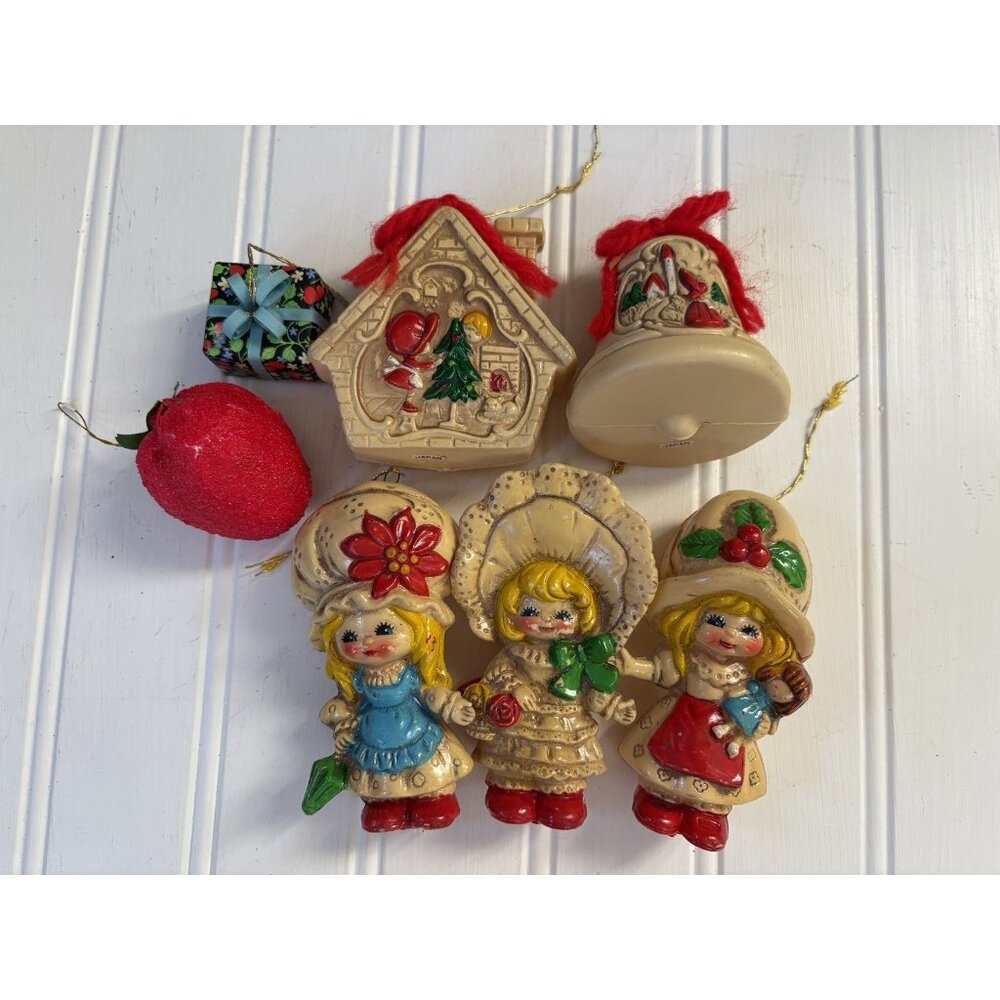Vintage Celluloid Blow Mold Hollie Hobby Christmas Ornaments Japan Lot